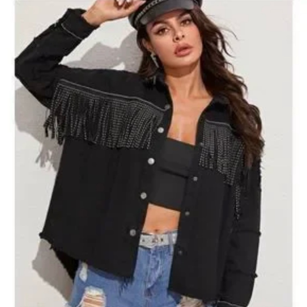 Zara Black Denim Jacket with rhinestone fringe , size Small